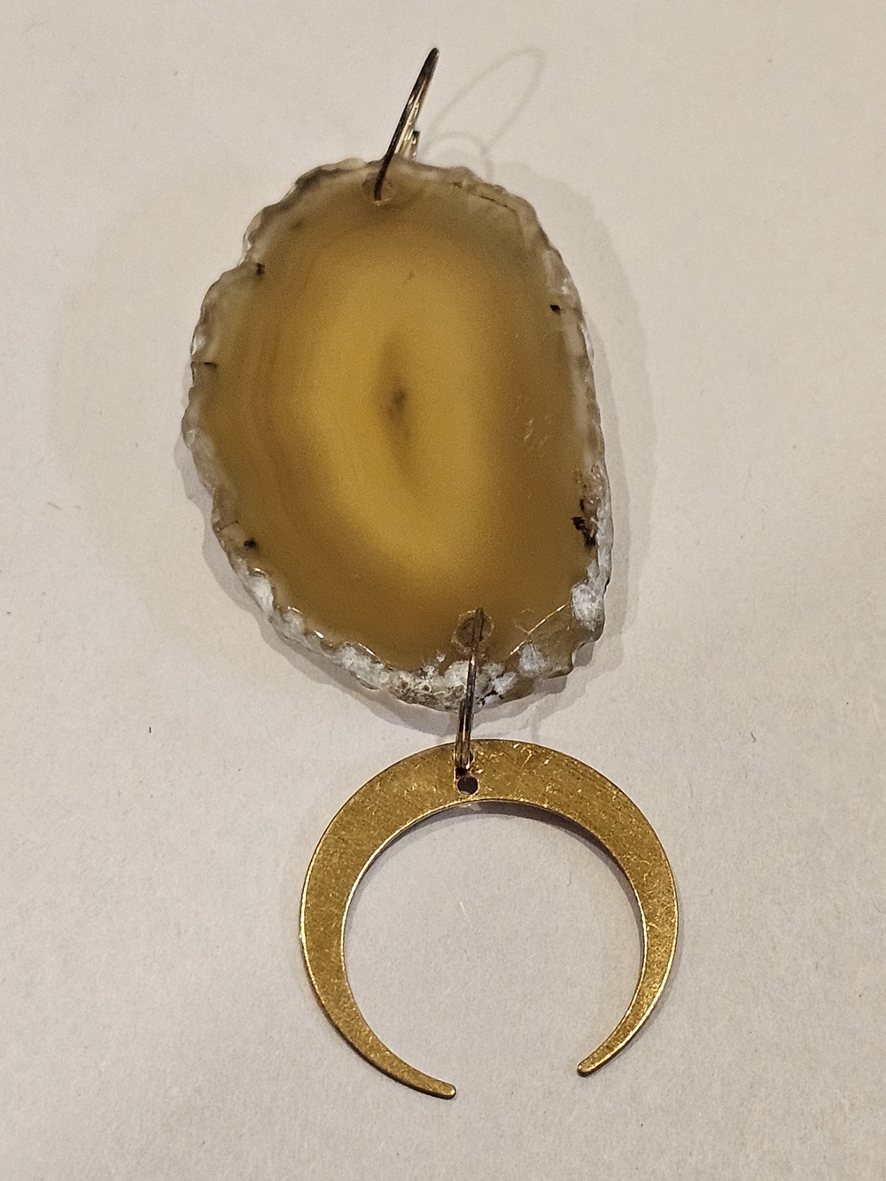 Boho Amber Agate Slice & Brass Crescent Moon Pendant Necklace • Celestial Witchy